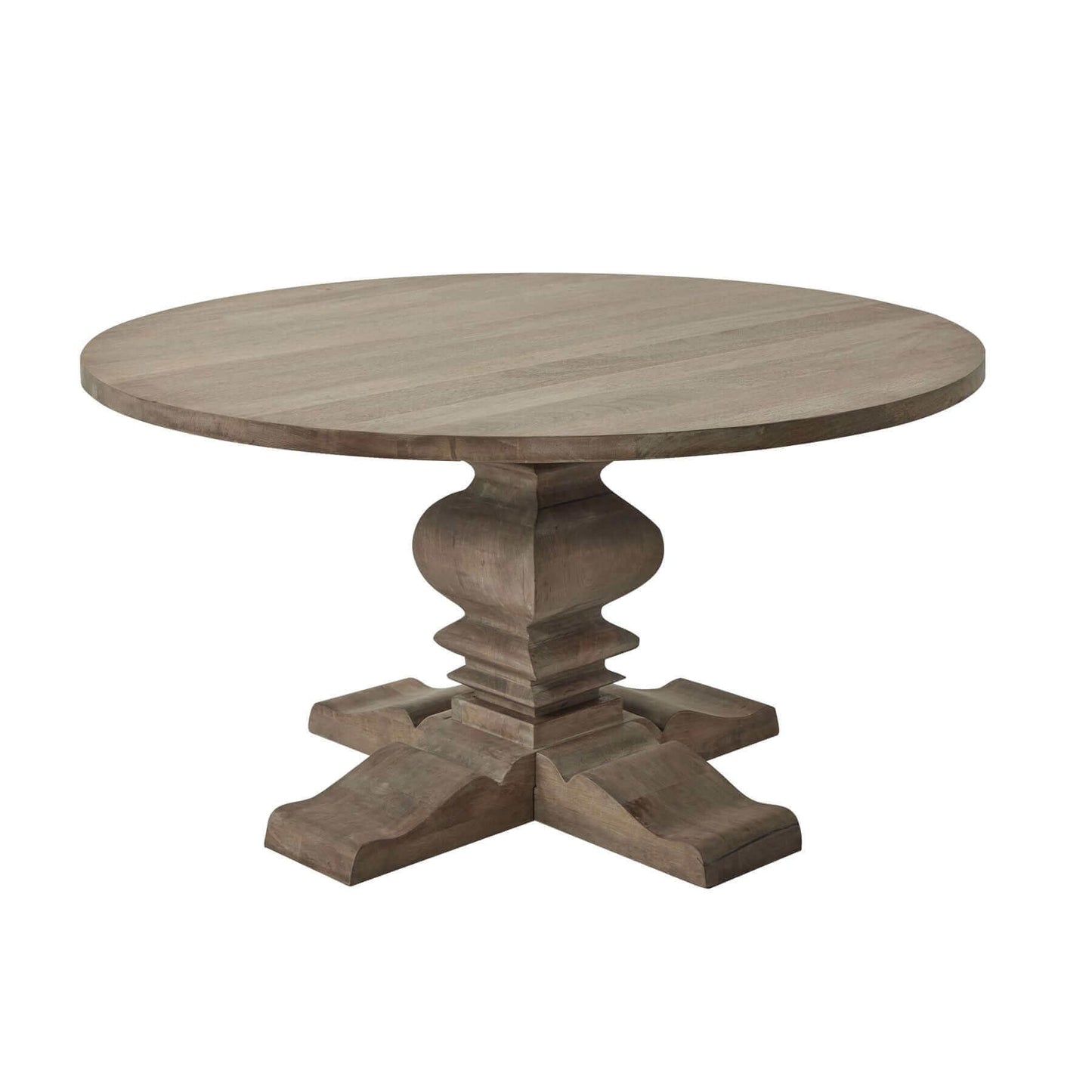 Copgrove Pedestal Dining Table | Description Enter the perfect setting for memorable gatherings for 4-6 guests with the Copgrove Pedestal Dining Table. This French-style round table is hand-crafted from hardwood and finished with a washed bleach look to c