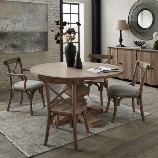 Cross Back Dining Chair | Description The Cross Back Dining Chair is perfect for the modern farmhouse look. Featuring a solid hardwood frame and a brown rustic finish, this chair provides a sturdy and stylish addition to any dining space. Product Specific