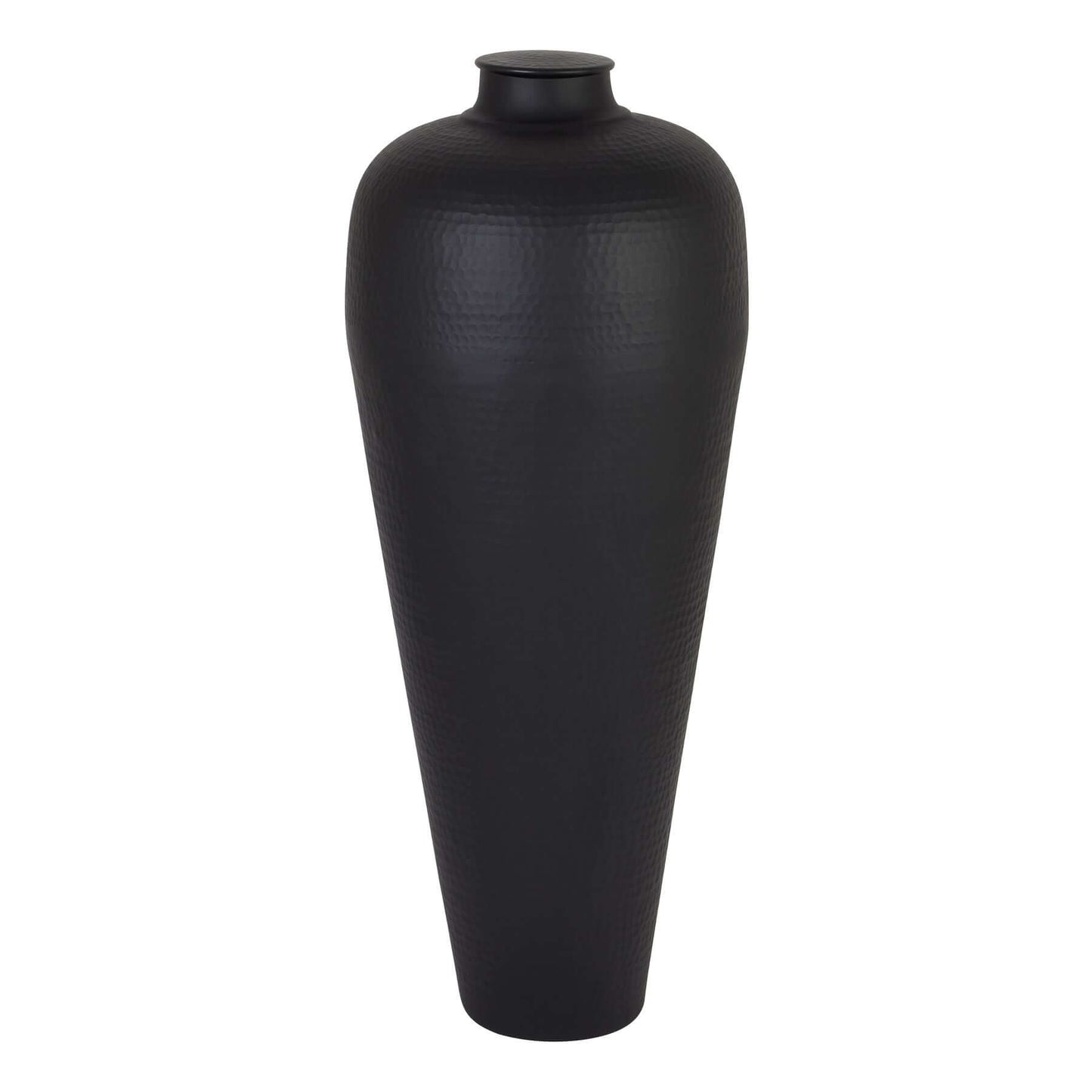 Large Hammered Vase | Description The meticulously crafted Large Hammered Vase in Matt Black comes with a lid and adds stylish charm to any space. Pair it with twisted hazel branches for a chic, floor-standing display. This modern piece makes a bold state