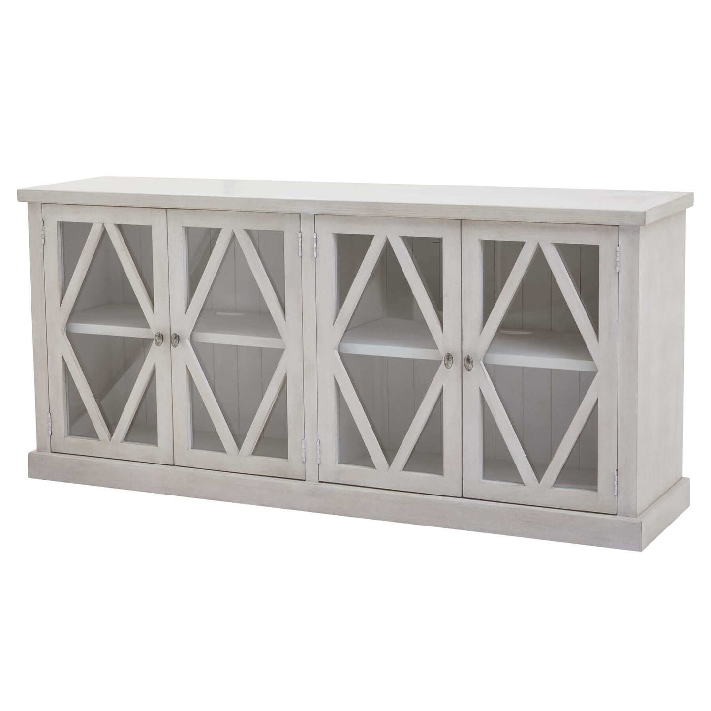 Stamford 4 Door Sideboard | Description The Stamford 4 Door Sideboard is ideal for spaces with a laid-back atmosphere. Its lattice-patterned, tempered glass doors instantly add a sense of lightness to any room. With a timeless, rustic charm and a distress