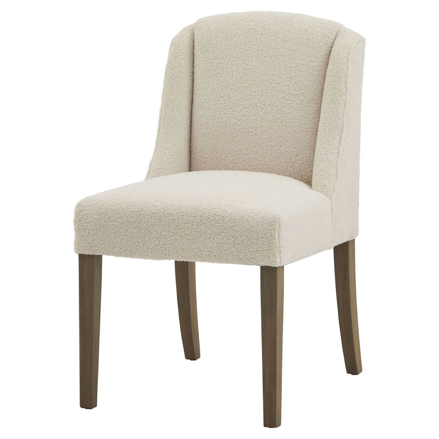 Compton Boucle Dining Chair | Description Introducing the Compton Boucle Dining Chair - a perfect blend of style and functionality. Crafted with a sturdy rubberwood frame, it offers strength and durability for everyday use. The cream boucle upholstery and