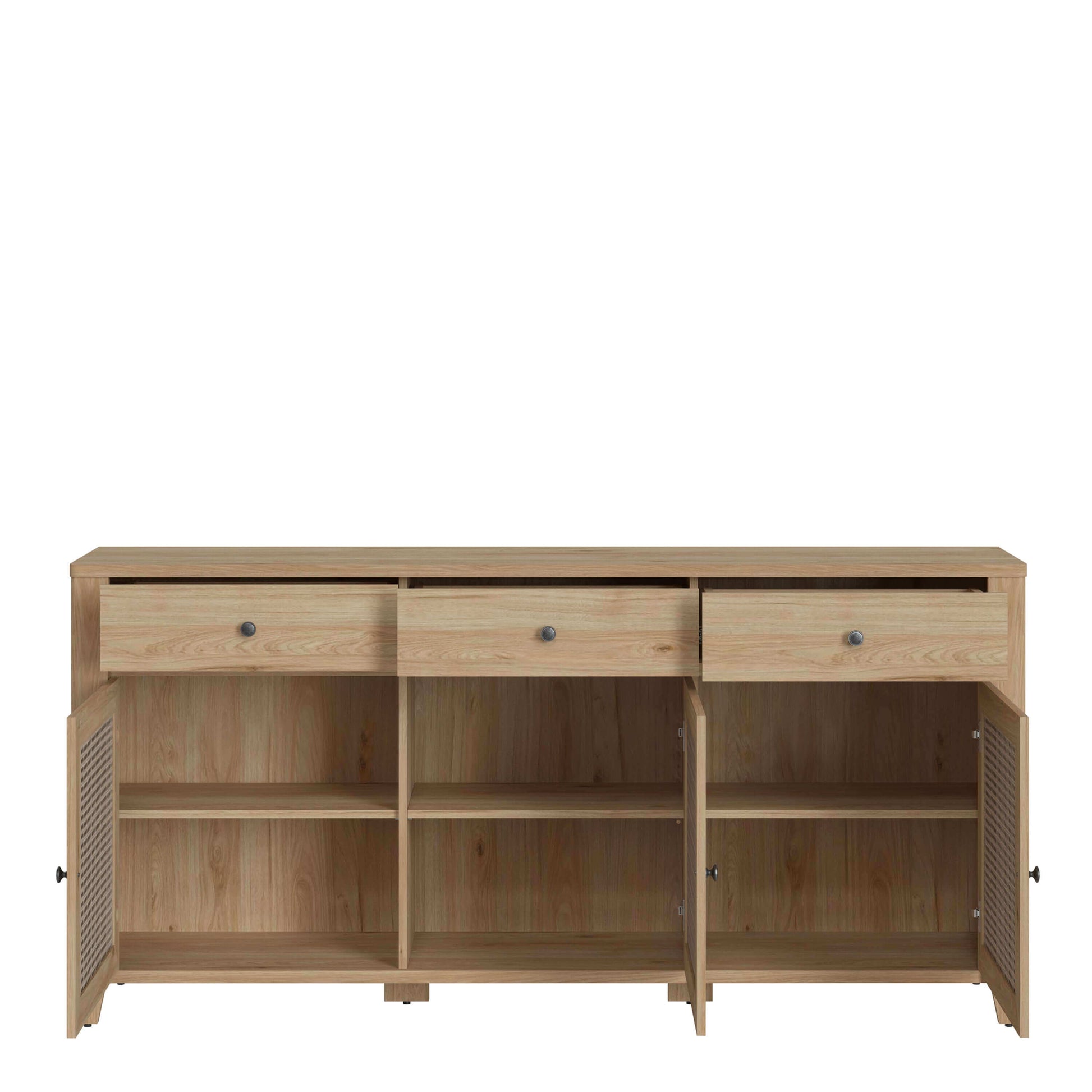 Cestino 3 Door 3 Drawer Sideboard | Description Our three-door, three-drawer sideboard offers reliable storage and a stylish look for any room. Each drawer comes equipped with a silent ball mechanism and full extension, while the metal handles and hinges