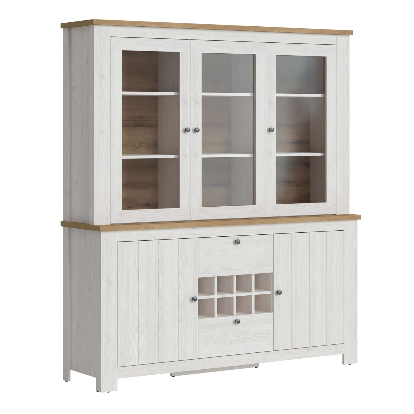 Celesto 2 Door 2 Drawer Sideboard with 3 Door Display Top Unit | Description Experience the rustic charm and inviting warmth of our Celesto Sideboard with Wine Rack and Display Top Unit. Made with a beautiful White and Oak design, this piece adds a touch