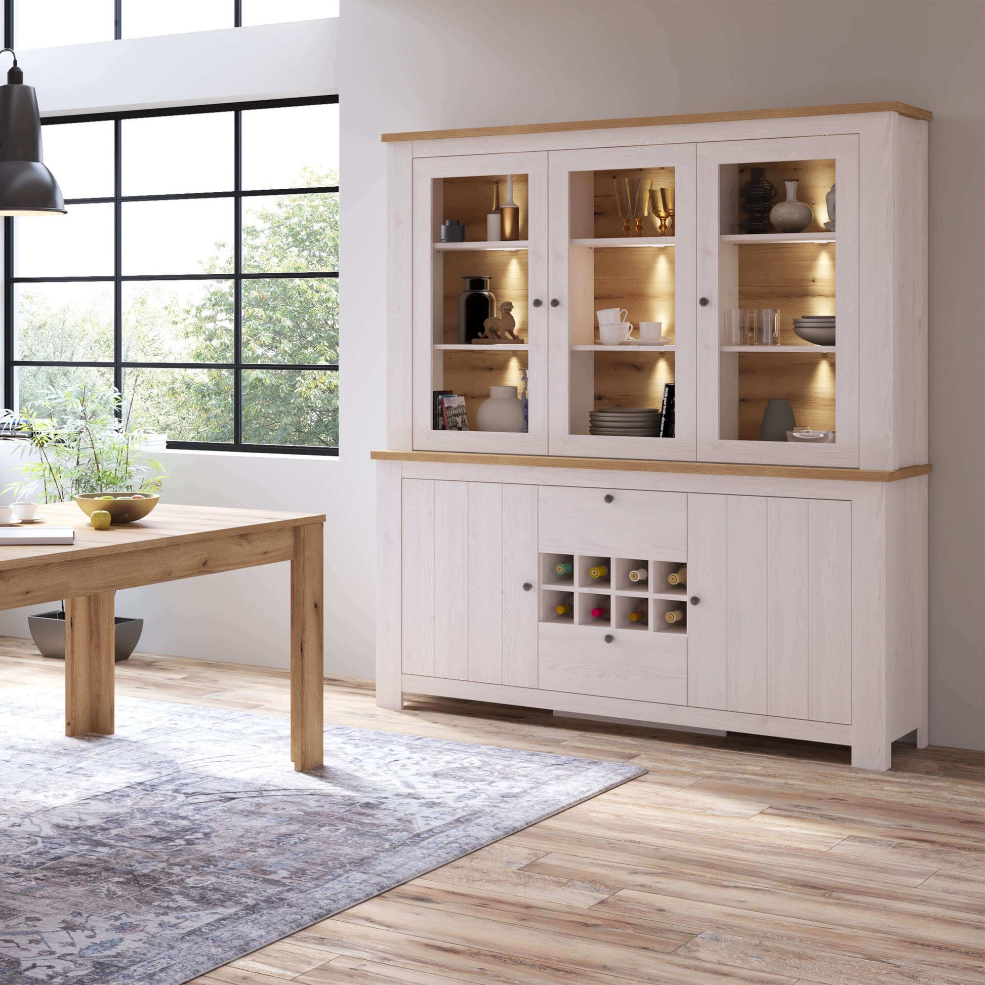 Celesto 2 Door 2 Drawer Sideboard with 3 Door Display Top Unit | Description Experience the rustic charm and inviting warmth of our Celesto Sideboard with Wine Rack and Display Top Unit. Made with a beautiful White and Oak design, this piece adds a touch