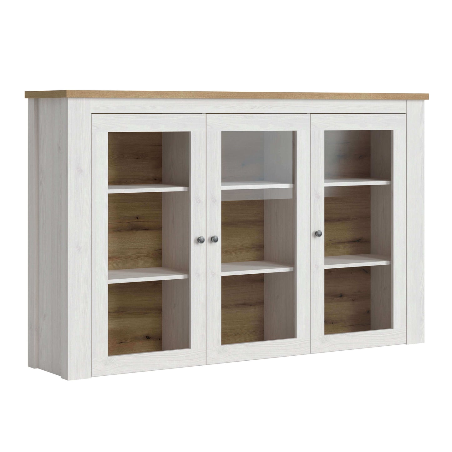 Celesto 2 Door 2 Drawer Sideboard with 3 Door Display Top Unit | Description Experience the rustic charm and inviting warmth of our Celesto Sideboard with Wine Rack and Display Top Unit. Made with a beautiful White and Oak design, this piece adds a touch