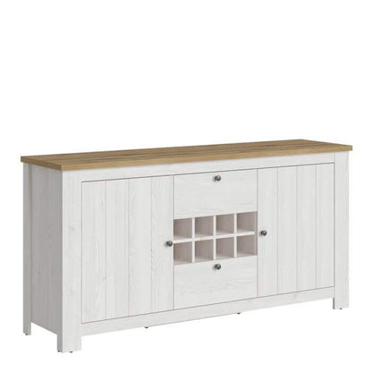 Celesto 2 Door 2 Drawer Sideboard with 3 Door Display Top Unit | Description Experience the rustic charm and inviting warmth of our Celesto Sideboard with Wine Rack and Display Top Unit. Made with a beautiful White and Oak design, this piece adds a touch