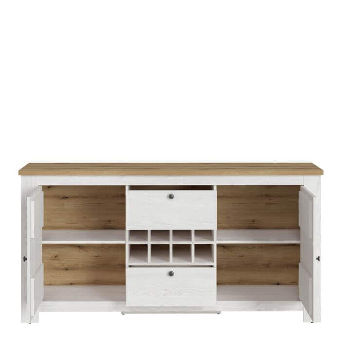 Celesto 2 Door 2 Drawer Sideboard with 3 Door Display Top Unit | Description Experience the rustic charm and inviting warmth of our Celesto Sideboard with Wine Rack and Display Top Unit. Made with a beautiful White and Oak design, this piece adds a touch