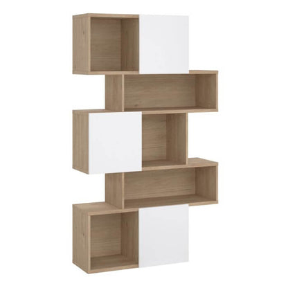 Maze Wall Unit with chic Jackson Hickory and White high gloss finish featuring an asymmetrical design, perfect for showcasing decor.