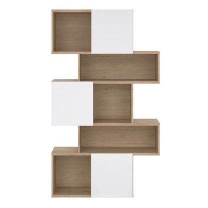 Maze Wall Unit in Jackson Hickory and White Gloss Finish, Asymmetrical Design for Dining Area Decor and Memory Display