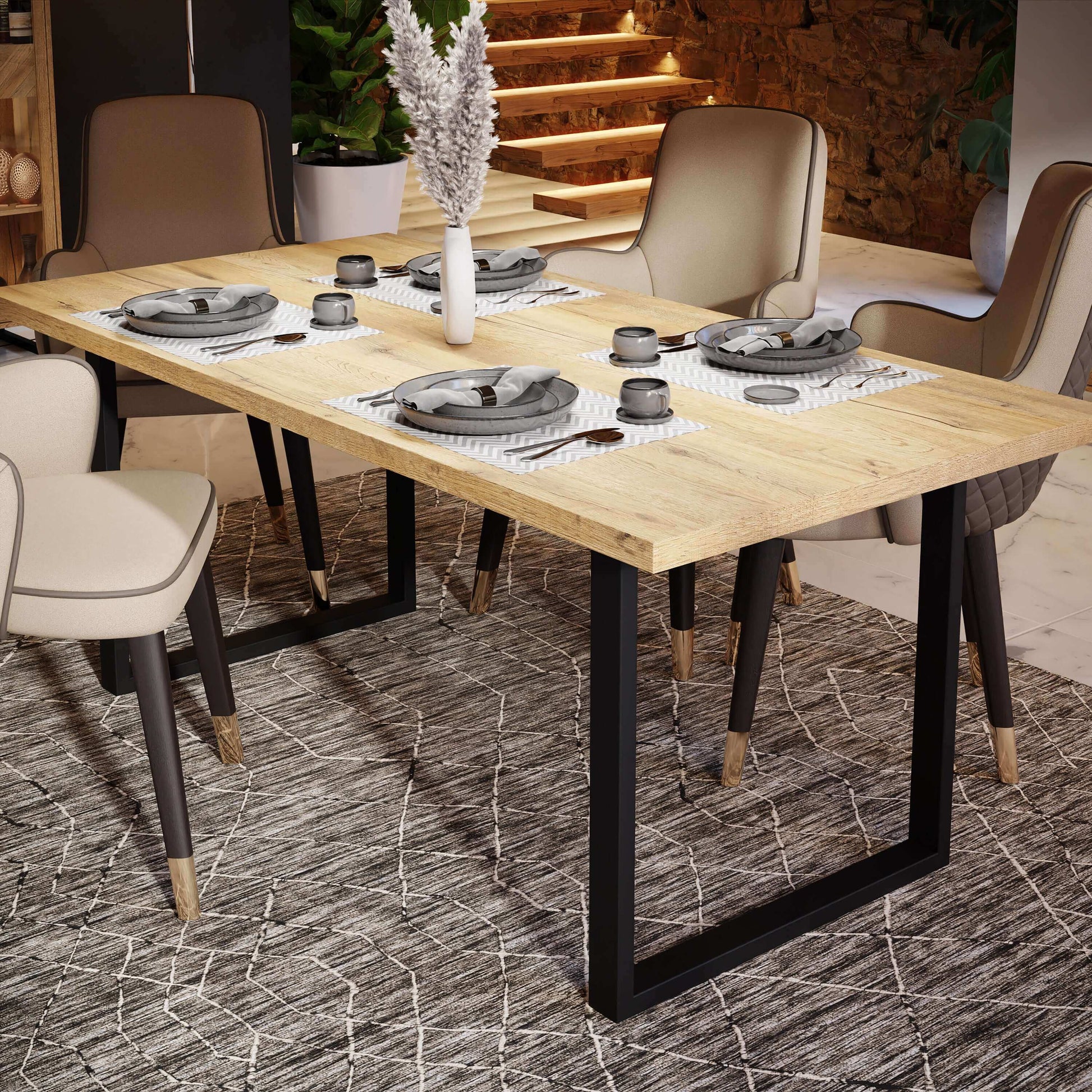 Nikomedes Dining Table | Description The Nikomedes Dining Table embodies classic contemporary design, featuring decorative panels reminiscent of a classic wood block floor pattern. Add a hint of rustic nostalgia and warmth to your living or dining space,