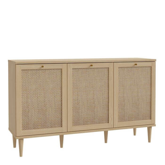 Calasetta 3 Door Sideboard in Rattan | Description The Calasetta Sideboard is a beautifully crafted furniture set, showcasing a mesmerizing rattan-like appearance. Its versatile design makes it a perfect addition to any living or dining space, seamlessly