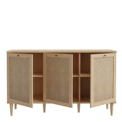 Calasetta 3 Door Sideboard in Rattan | Description The Calasetta Sideboard is a beautifully crafted furniture set, showcasing a mesmerizing rattan-like appearance. Its versatile design makes it a perfect addition to any living or dining space, seamlessly