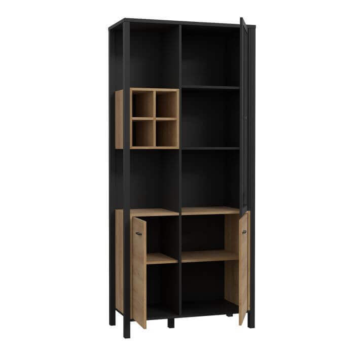 High Rock Display Cabinet | Description High Rock features a captivating and contemporary design, combining Riviera Oak decor with deep black accents to create a unique and eye-catching piece. In addition to its stunning appearance, High Rock is also high