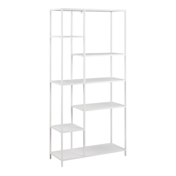 Modern white Newcastle Wall Unit with asymmetrical shelves and powder-coated steel frame for stylish home storage.