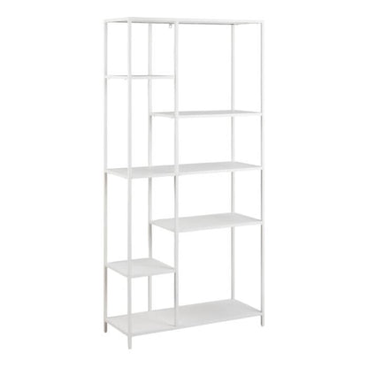 Modern white Newcastle Wall Unit with asymmetrical shelves and powder-coated steel frame for stylish home storage.