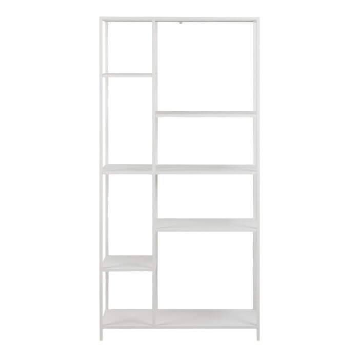 Sleek Newcastle Wall Unit with white powder-coated steel frame and asymmetrical shelves for modern home décor and functional storage