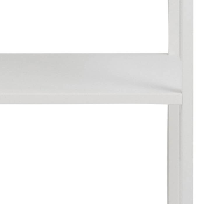 Close-up of Newcastle Wall Unit's sleek white powder-coated steel frame and asymmetrical shelf design.