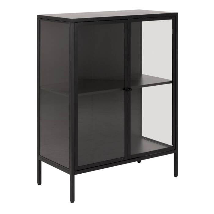 Newcastle Low Display Cabinet – Industrial Design in Matt Black Rough Powder-Coated Steel with Clear Tempered Glass Doors