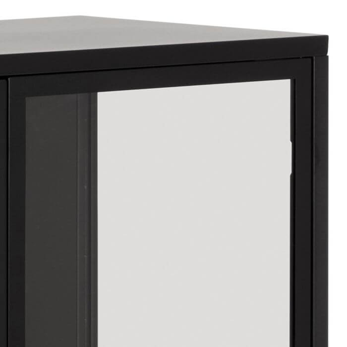 Corner of Newcastle Low Display Cabinet showcasing matt black rough powder-coated steel and clear tempered glass door