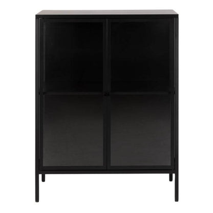 Newcastle Low Display Cabinet in black powder-coated steel with clear tempered glass doors for modern and industrial living spaces.