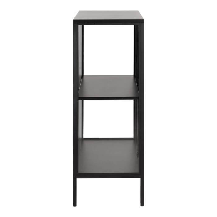 Newcastle Low Display Cabinet with black powder-coated steel frame and open shelf design, showcasing industrial modern chic style.