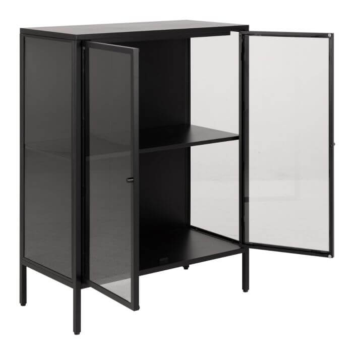 Newcastle Low Display Cabinet with glass doors open, showcasing matte black powder-coated steel and industrial design