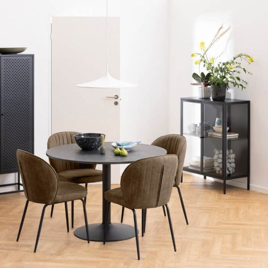 Modern dining area with Newcastle Low Display Cabinet in matt black steel and clear tempered glass doors.