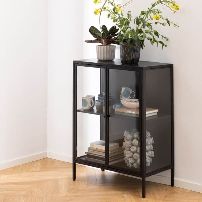 Newcastle Low Display Cabinet in black steel with clear tempered glass doors, showcasing elegant industrial design in a modern home corner.